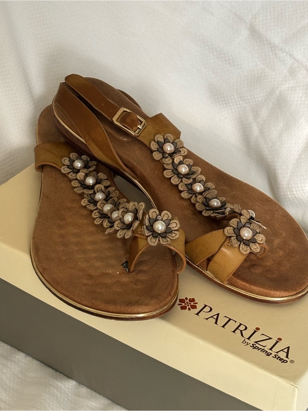 Patrizia Tan Floral Pearl T-Strap Sandals with Buckle